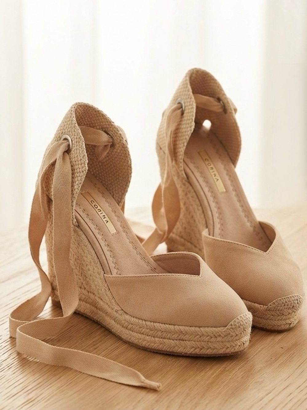 Beige Espadrille Wedge Sandals with Tie Ankle